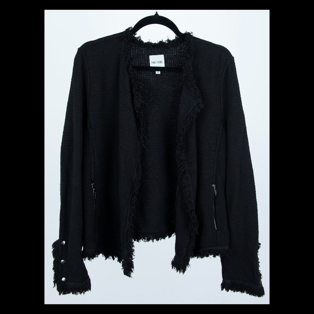 Nic + Zoe Womens Black Textured Fringe Mixed Jacket XL *FLAWED*